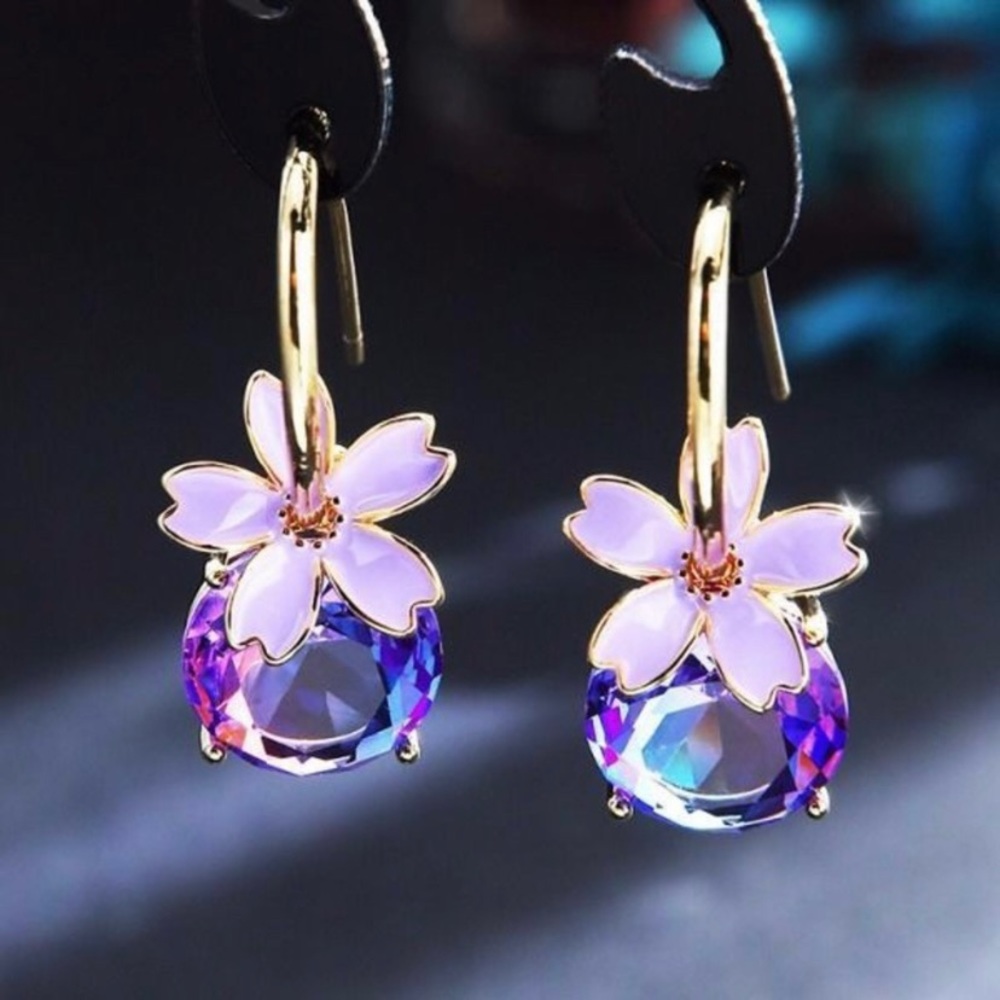 Women's Purple Crystal Flower Dangle Drop Earrings